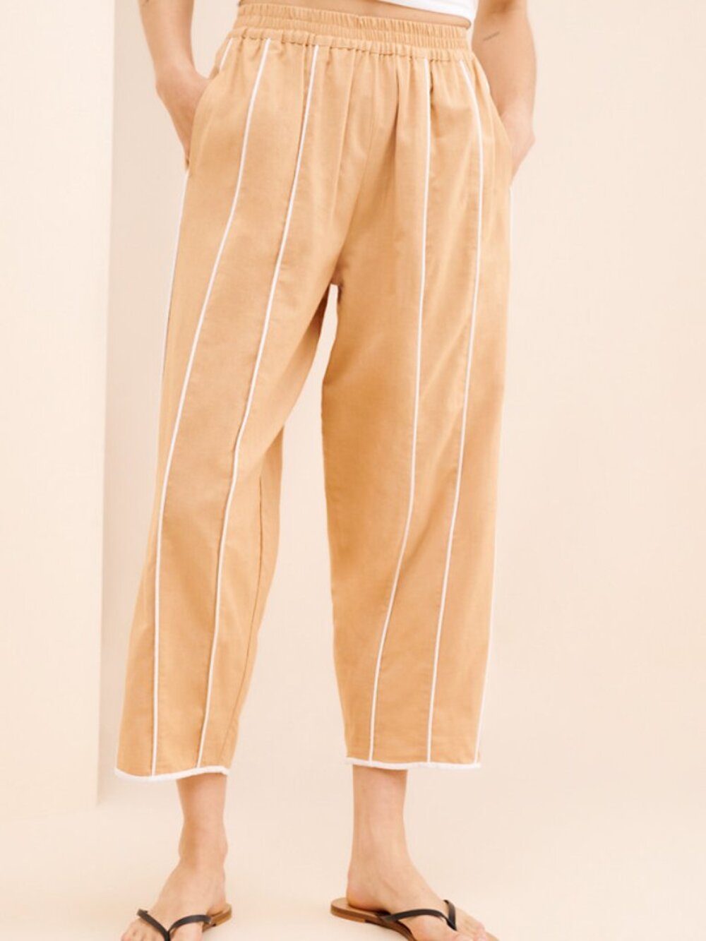 Rujuta Sheth Neutral Etta Linen Blend Crop Pants Size Small 36796